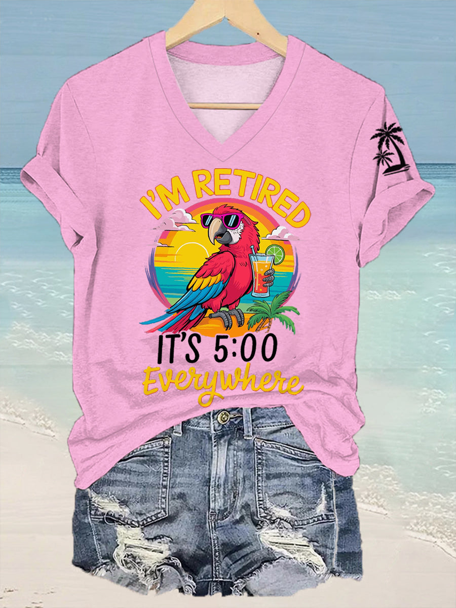 Women's I'm Retired It's 5 O'clock Everywhere Parrot Print Casual V-Neck Tee