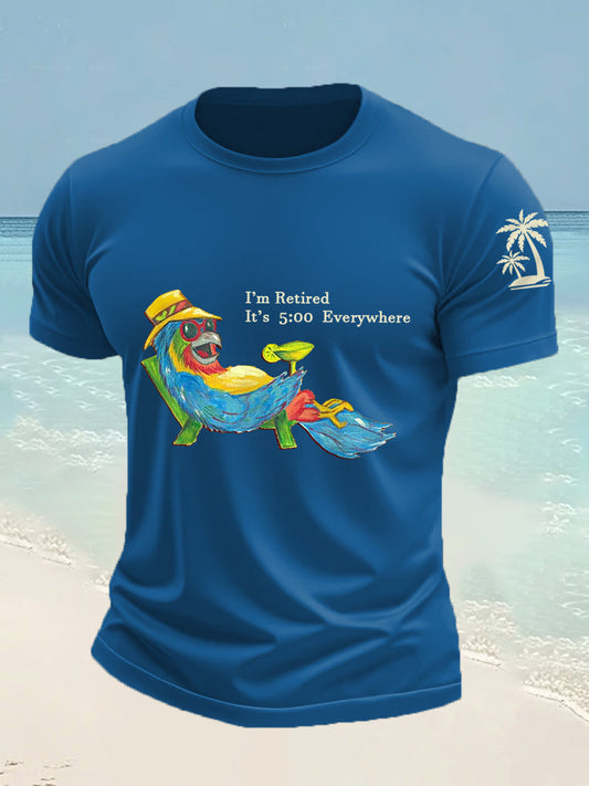 Men's I'm Retired It's 5 O'clock Everywhere Parrot Print Casual Tee