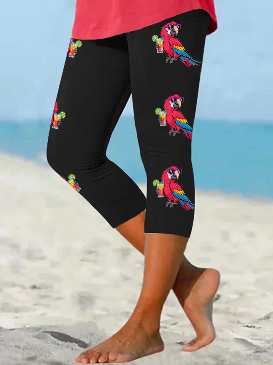 Women's It's 5 O'clock Somewhere Parrot Print Casual Cropped Leggings