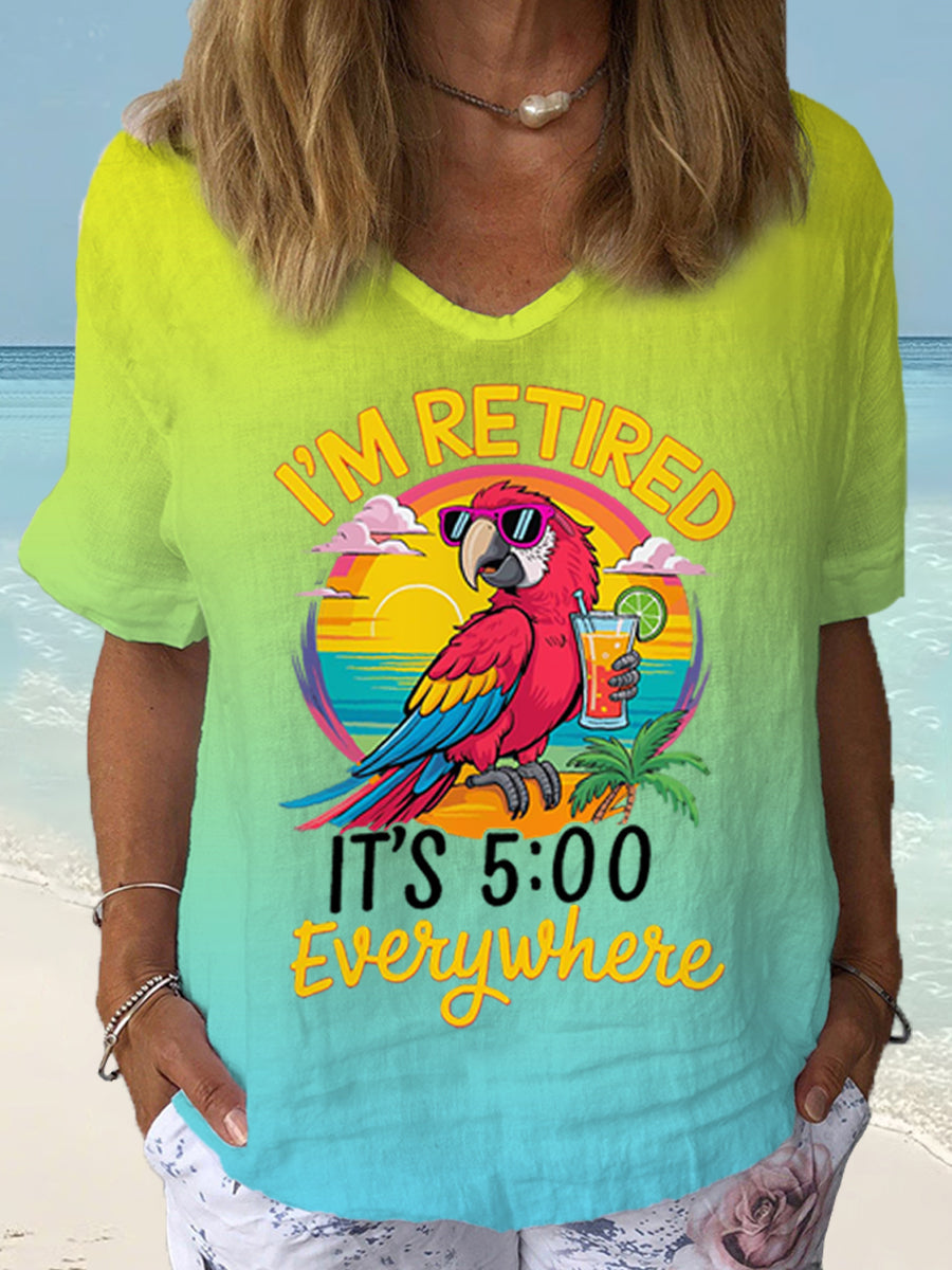 Women's I'm Retired It's 5 O'clock Everywhere Parrot Print Casual Short Sleeve Shirt