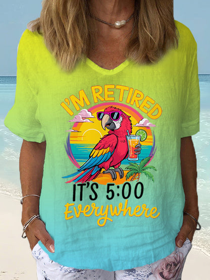 Women's I'm Retired It's 5 O'clock Everywhere Parrot Print Casual Short Sleeve Shirt