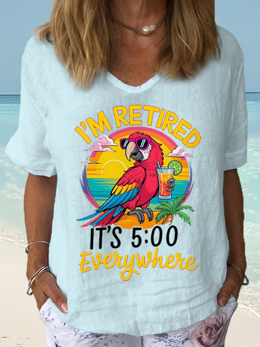 Women's I'm Retired It's 5 O'clock Everywhere Parrot Print Casual Short Sleeve Shirt