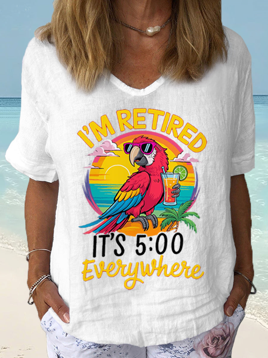 Women's I'm Retired It's 5 O'clock Everywhere Parrot Print Casual Short Sleeve Shirt