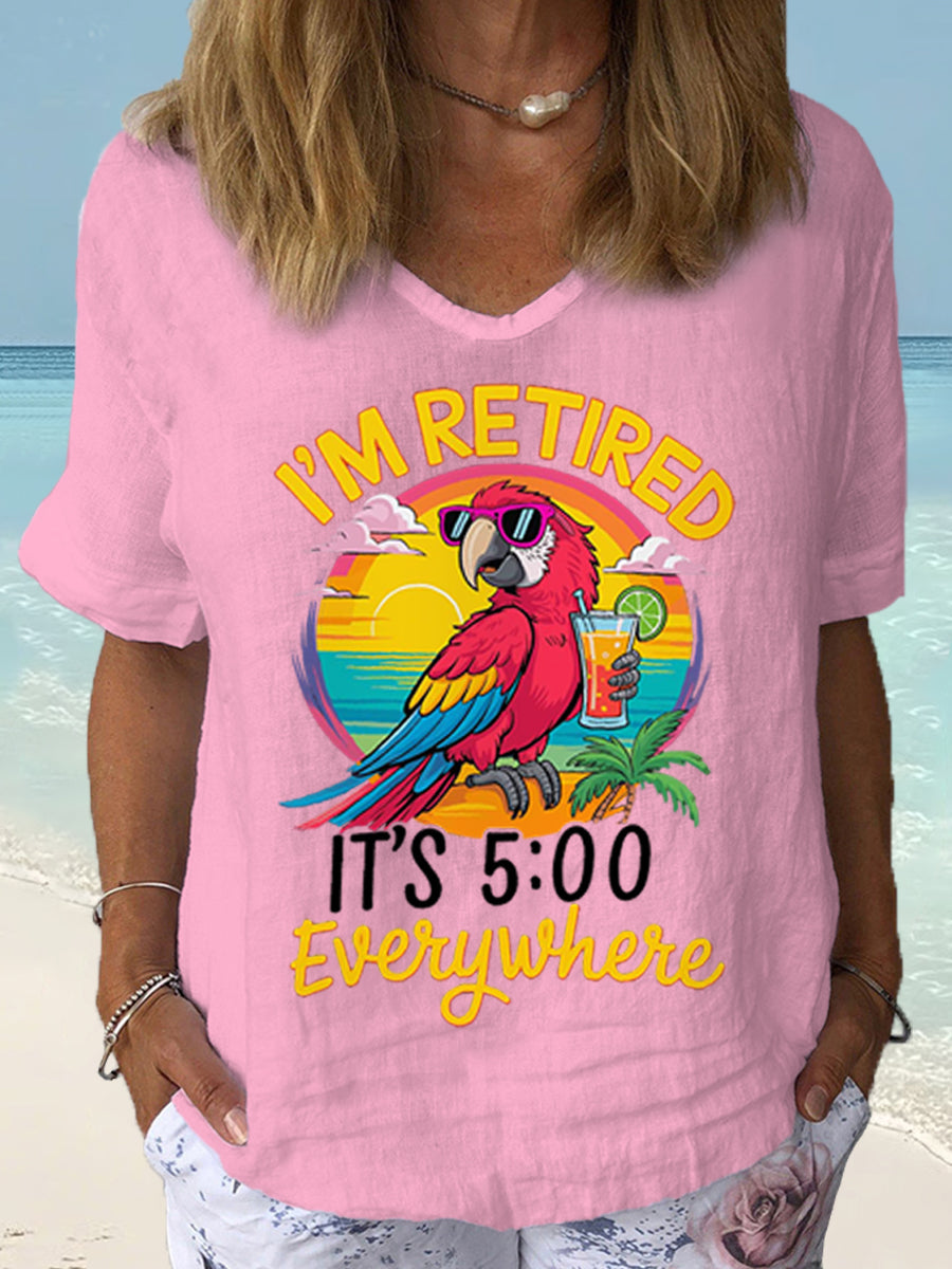 Women's I'm Retired It's 5 O'clock Everywhere Parrot Print Casual Short Sleeve Shirt