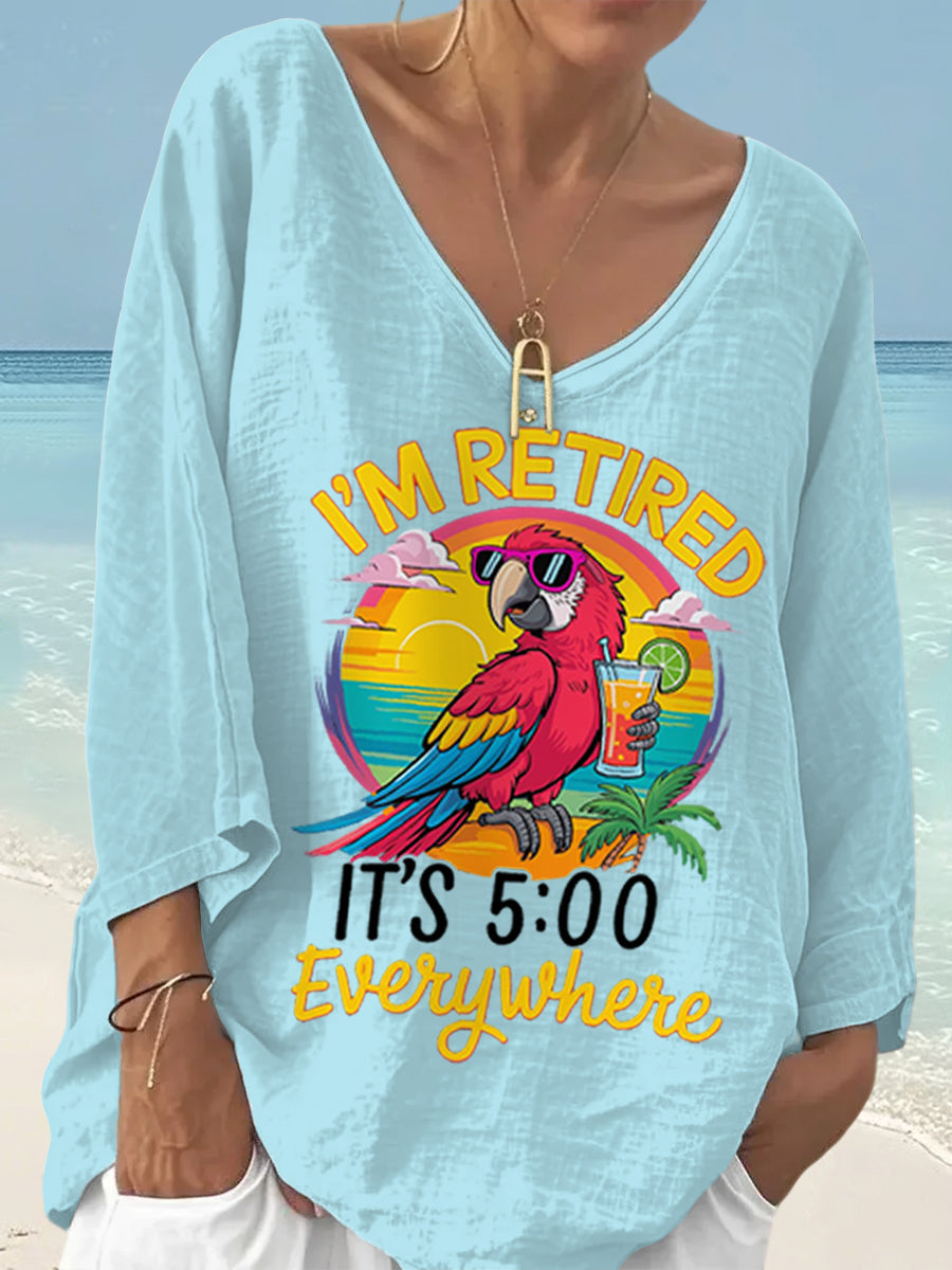 Women's I'm Retired It's 5 O'clock Everywhere Parrot Print Casual Top