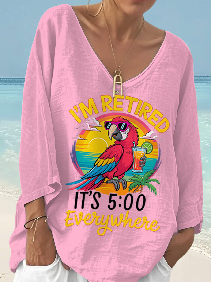 Women's I'm Retired It's 5 O'clock Everywhere Parrot Print Casual Top
