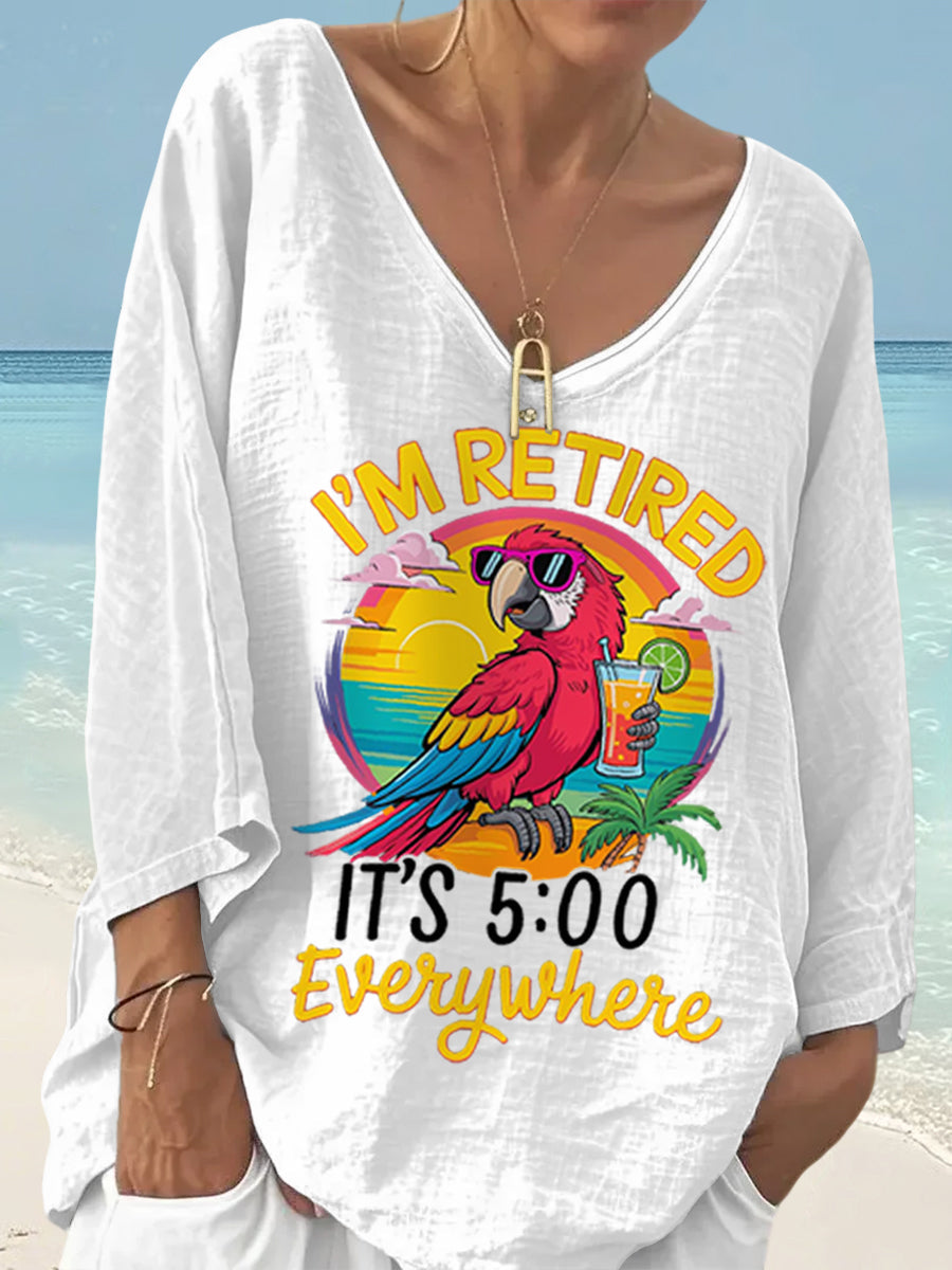 Women's I'm Retired It's 5 O'clock Everywhere Parrot Print Casual Top