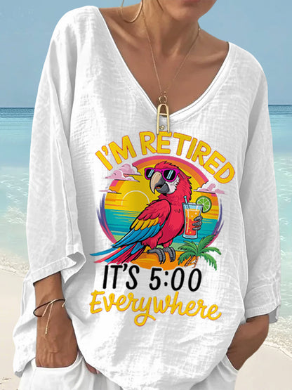Women's I'm Retired It's 5 O'clock Everywhere Parrot Print Casual Top