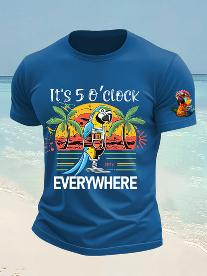Men's It's 5 O'clock Everywhere Parrot Print Short Sleeve T-shirt
