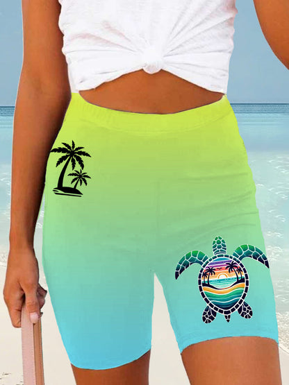 Women's Beach Vacation Sea Turtle Palm Tree Silhouette Print Casual Short Leggings
