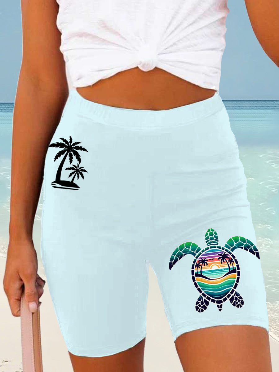 Women's Beach Vacation Sea Turtle Palm Tree Silhouette Print Casual Short Leggings