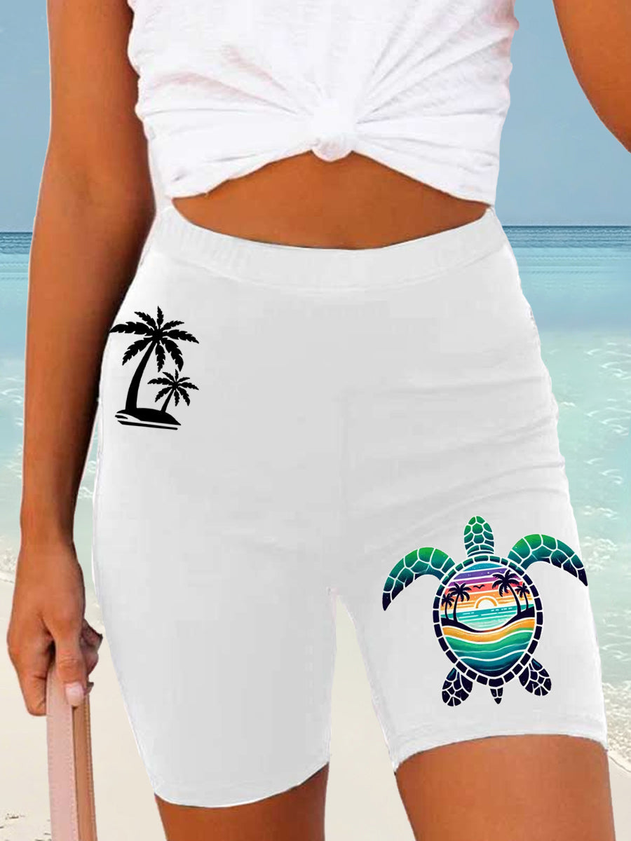 Women's Beach Vacation Sea Turtle Palm Tree Silhouette Print Casual Short Leggings