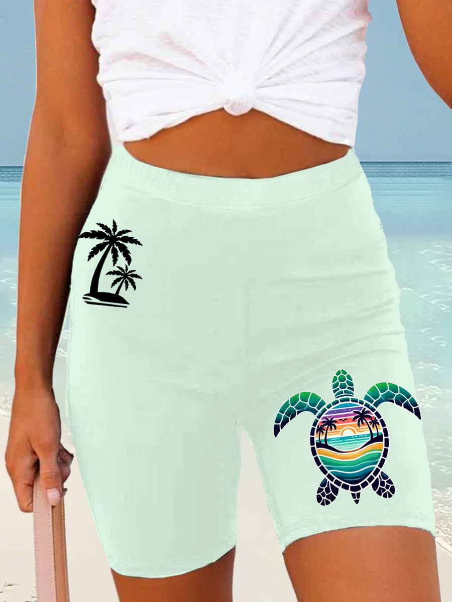 Women's Beach Vacation Sea Turtle Palm Tree Silhouette Print Casual Short Leggings