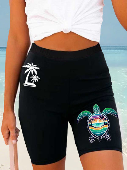 Women's Beach Vacation Sea Turtle Palm Tree Silhouette Print Casual Short Leggings