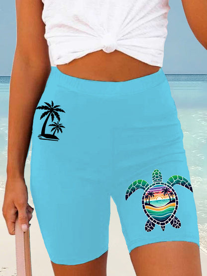 Women's Beach Vacation Sea Turtle Palm Tree Silhouette Print Casual Short Leggings