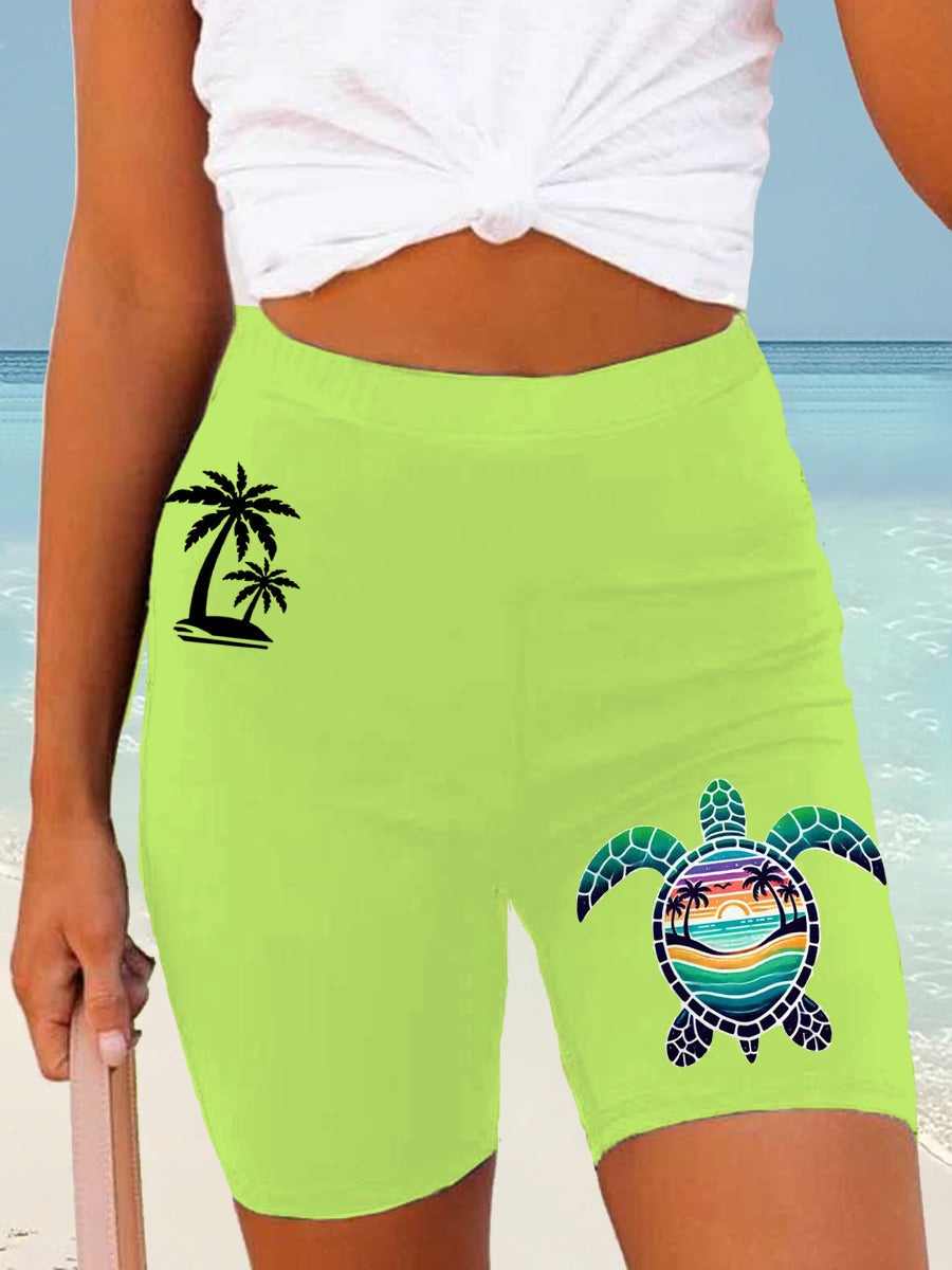 Women's Beach Vacation Sea Turtle Palm Tree Silhouette Print Casual Short Leggings