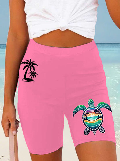 Women's Beach Vacation Sea Turtle Palm Tree Silhouette Print Casual Short Leggings