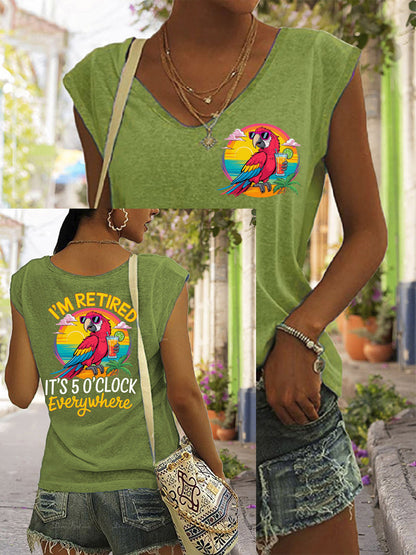 Women's I'm Retired It's 5 O'clock Everywhere Parrot Print Casual Sleeveless T-Shirt