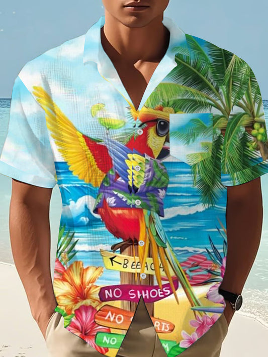 Men's I'm Retired It's 5 O'clock Everywhere Hawaiian Parrot Print Casual Waffle Pocket Shirt