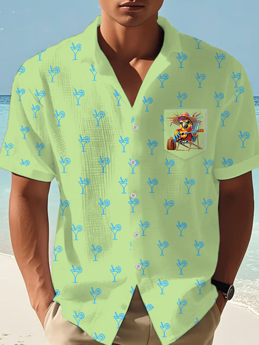 Men's It's 5 O'clock Everywhere Hawaiian Parrot Print Casual Waffle Pocket Shirt