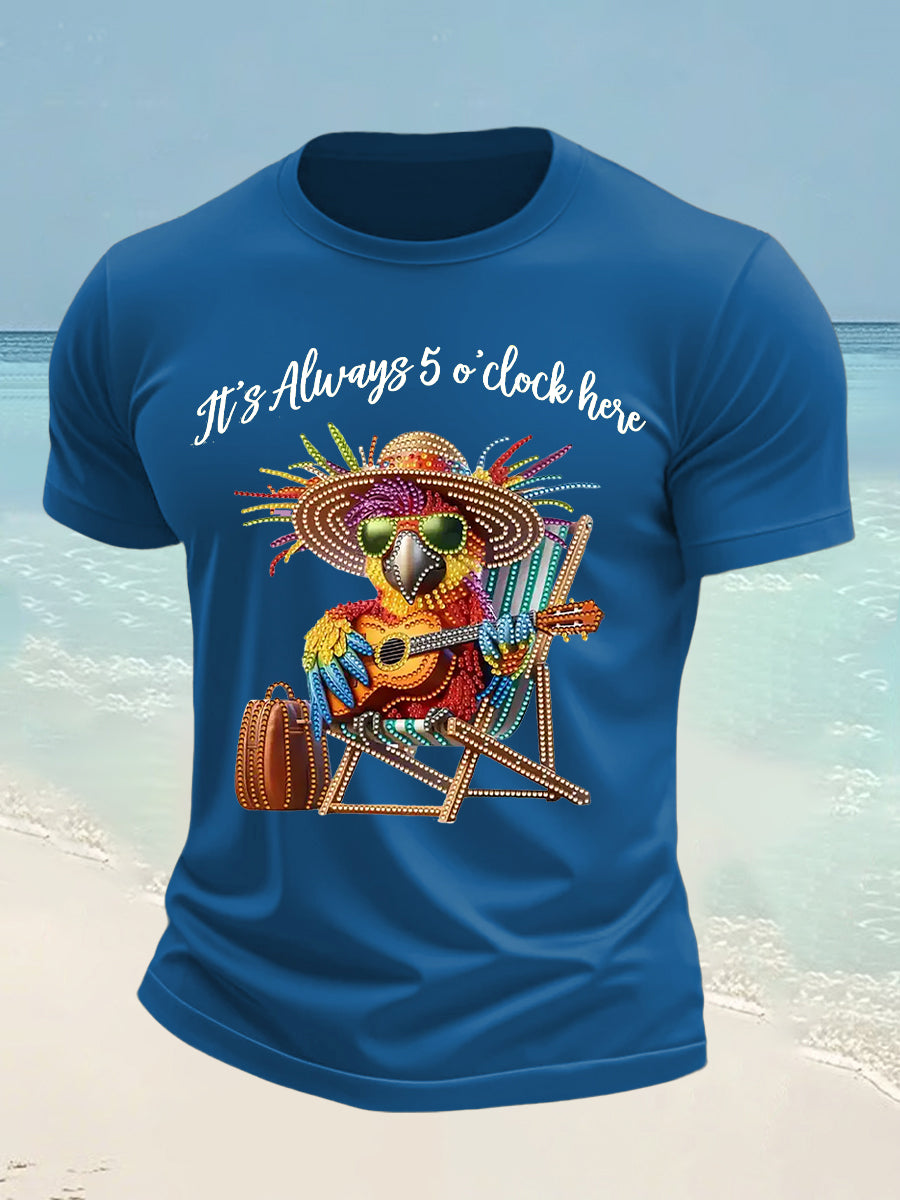 Men's It's 5 O'clock Everywhere Hawaiian Parrot Print Casual Short Sleeve T-shirt