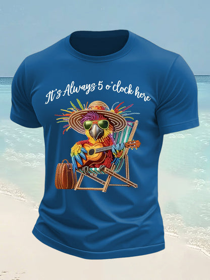 Men's It's 5 O'clock Everywhere Hawaiian Parrot Print Casual Short Sleeve T-shirt