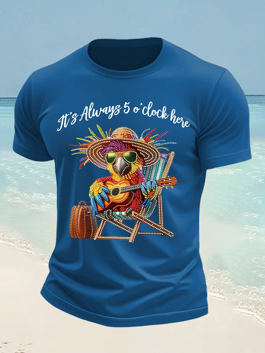 Men's It's 5 O'clock Everywhere Hawaiian Parrot Print Casual Short Sleeve T-shirt