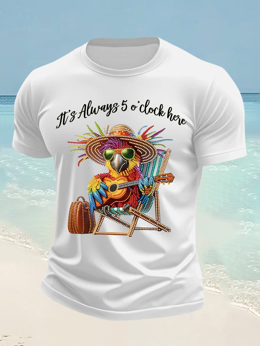 Men's It's 5 O'clock Everywhere Hawaiian Parrot Print Casual Short Sleeve T-shirt