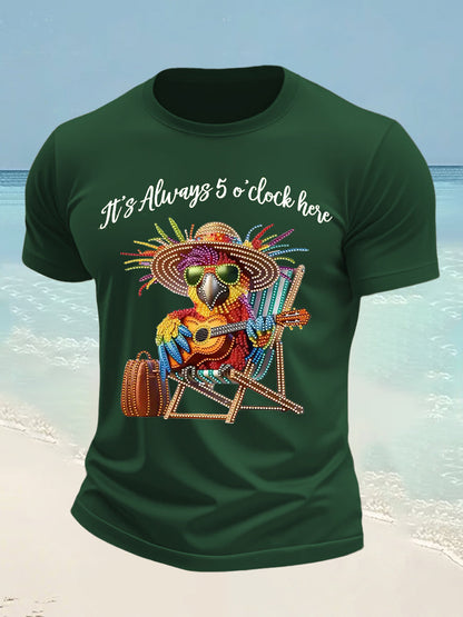 Men's It's 5 O'clock Everywhere Hawaiian Parrot Print Casual Short Sleeve T-shirt