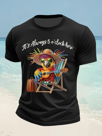 Men's It's 5 O'clock Everywhere Hawaiian Parrot Print Casual Short Sleeve T-shirt
