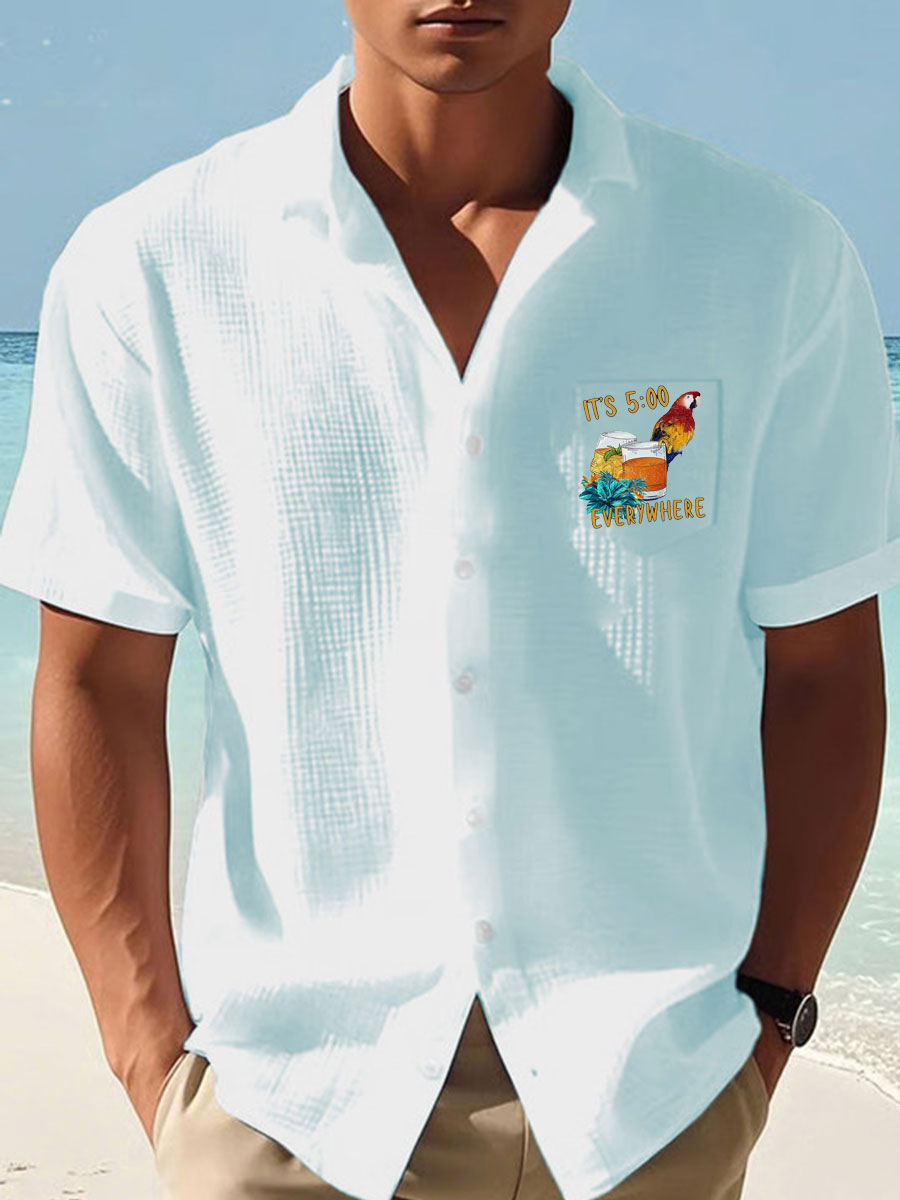 Men's Jimmy Buffett Day Parrot Print Casual Waffle Pocket Shirt
