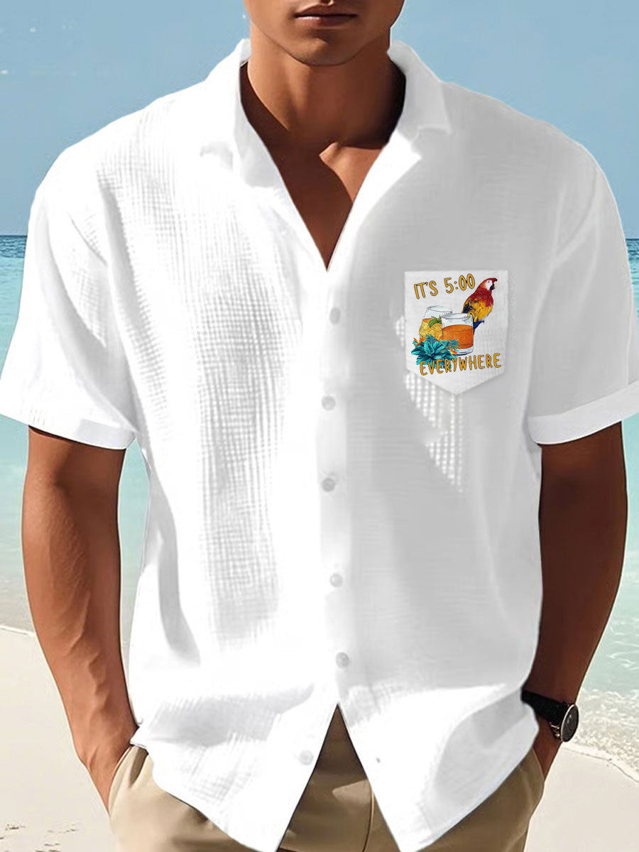 Men's Jimmy Buffett Day Parrot Print Casual Waffle Pocket Shirt