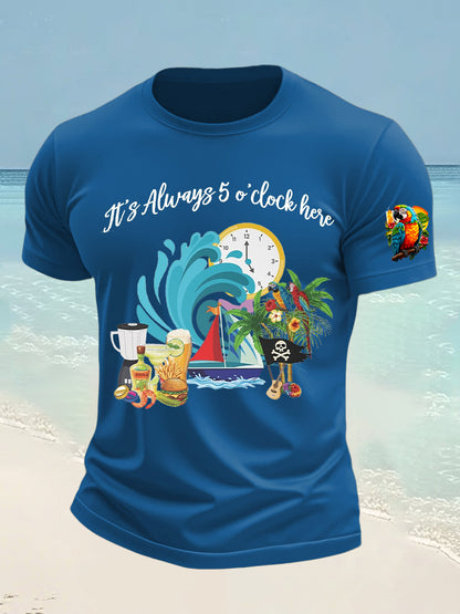 Men's It's 5 O'clock Everywhere Hawaiian Parrot Print Casual Short Sleeve T-shirt
