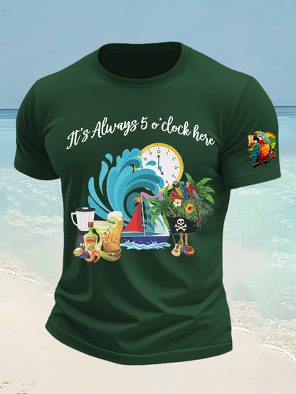 Men's It's 5 O'clock Everywhere Hawaiian Parrot Print Casual Short Sleeve T-shirt