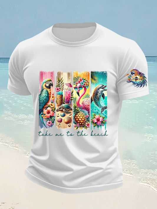 Men's It's 5 O'clock Everywhere Hawaiian Parrot Print Casual Short Sleeve T-shirt