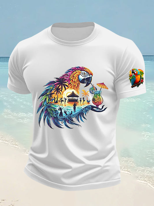 Men's It's 5 O'clock Everywhere Hawaiian Parrot Print Casual Short Sleeve T-shirt