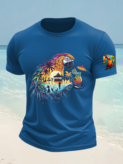 Men's It's 5 O'clock Everywhere Hawaiian Parrot Print Casual Short Sleeve T-shirt
