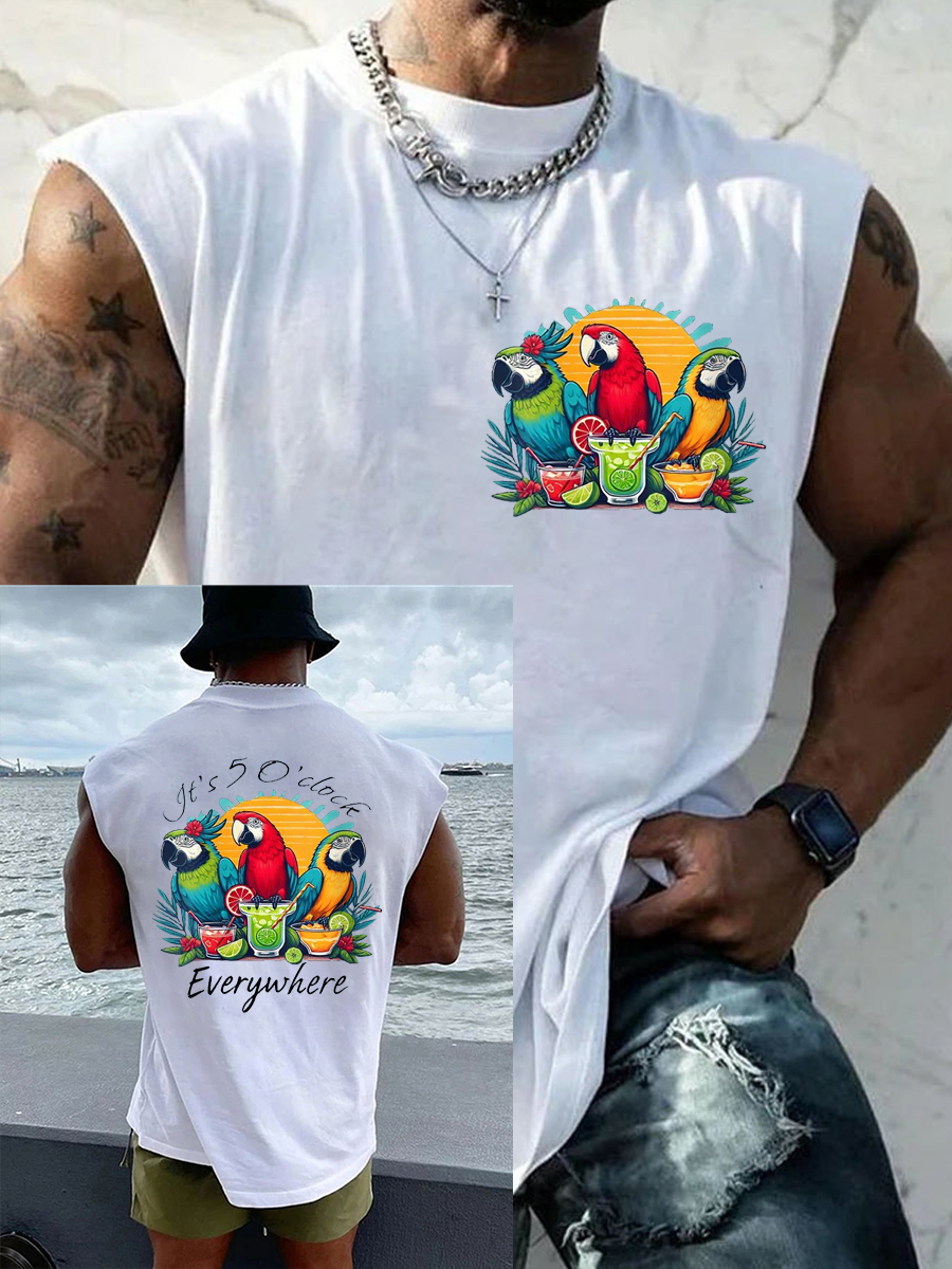 Men's It's 5 O'clock Everywhere Parrot Print Casual Tank Top