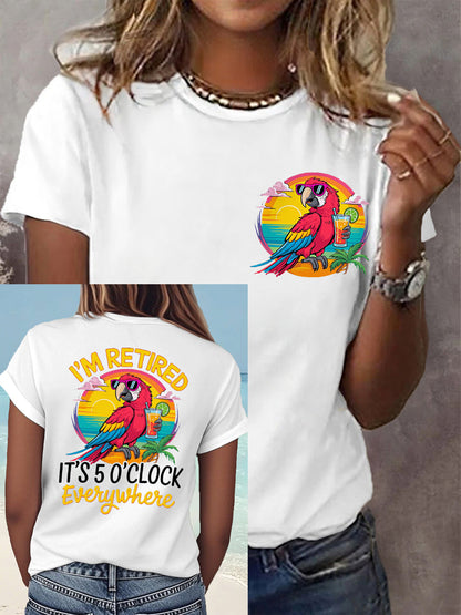 Women's I'm Retired It's 5 O'clock Everywhere Parrot Print Casual Tee