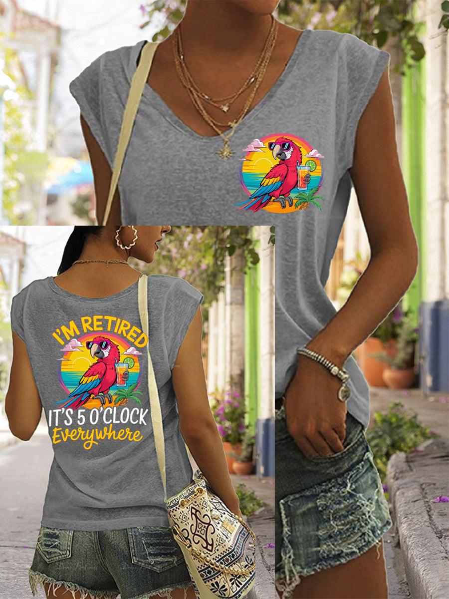 Women's I'm Retired It's 5 O'clock Everywhere Parrot Print Casual Sleeveless T-Shirt