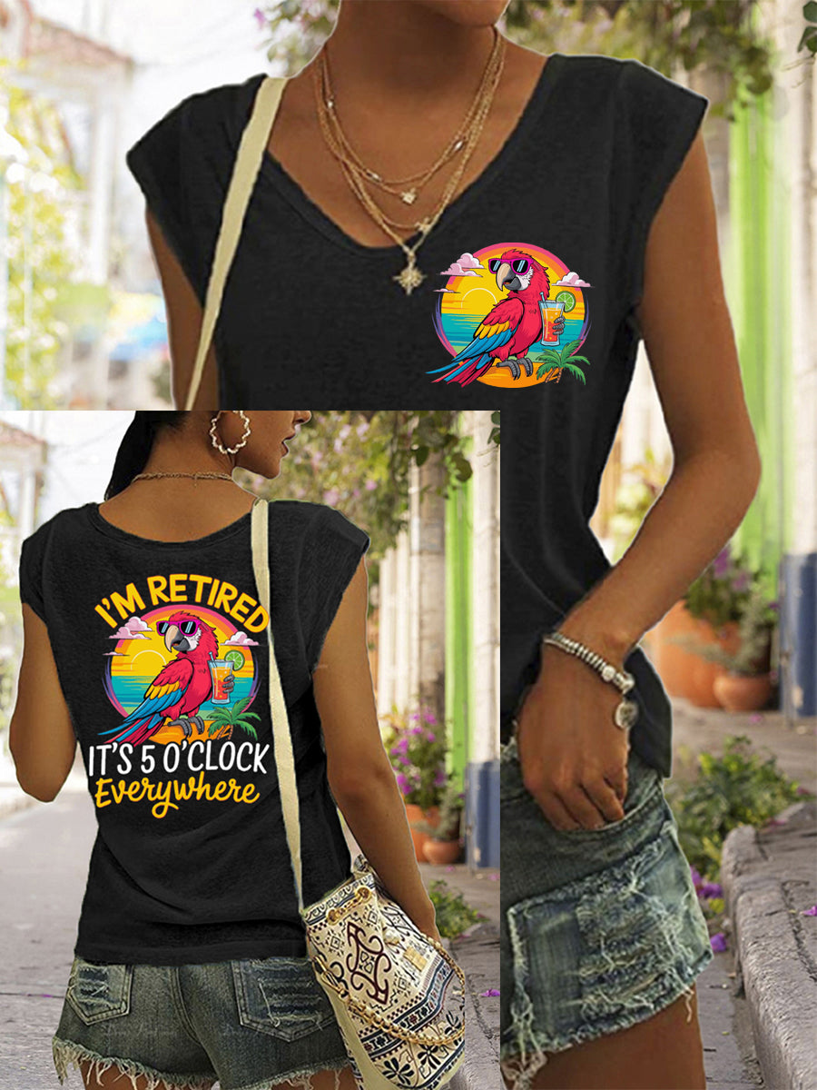 Women's I'm Retired It's 5 O'clock Everywhere Parrot Print Casual Sleeveless T-Shirt