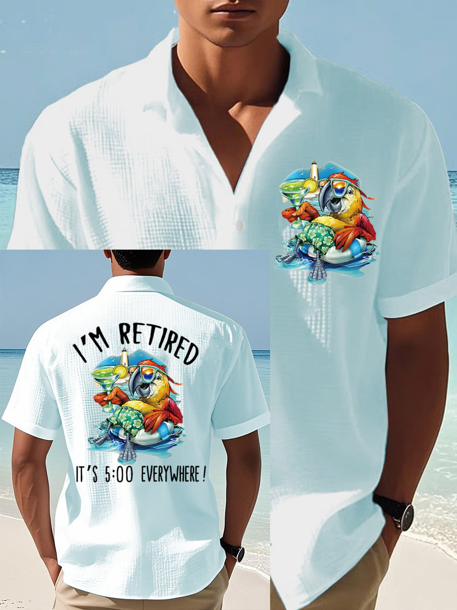 Men's I'm Retired It's 5 O'clock Everywhere Parrot Print Casual Waffle Short-Sleeve Shirt