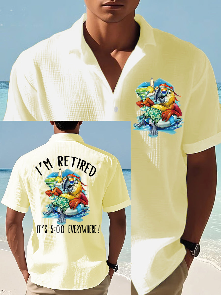 Men's I'm Retired It's 5 O'clock Everywhere Parrot Print Casual Waffle Short-Sleeve Shirt