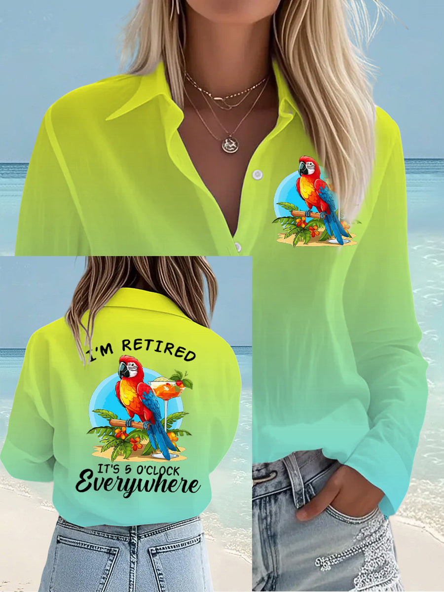Women's I'm Retired It's 5 O'clock Everywhere Parrot Print Casual Shirt