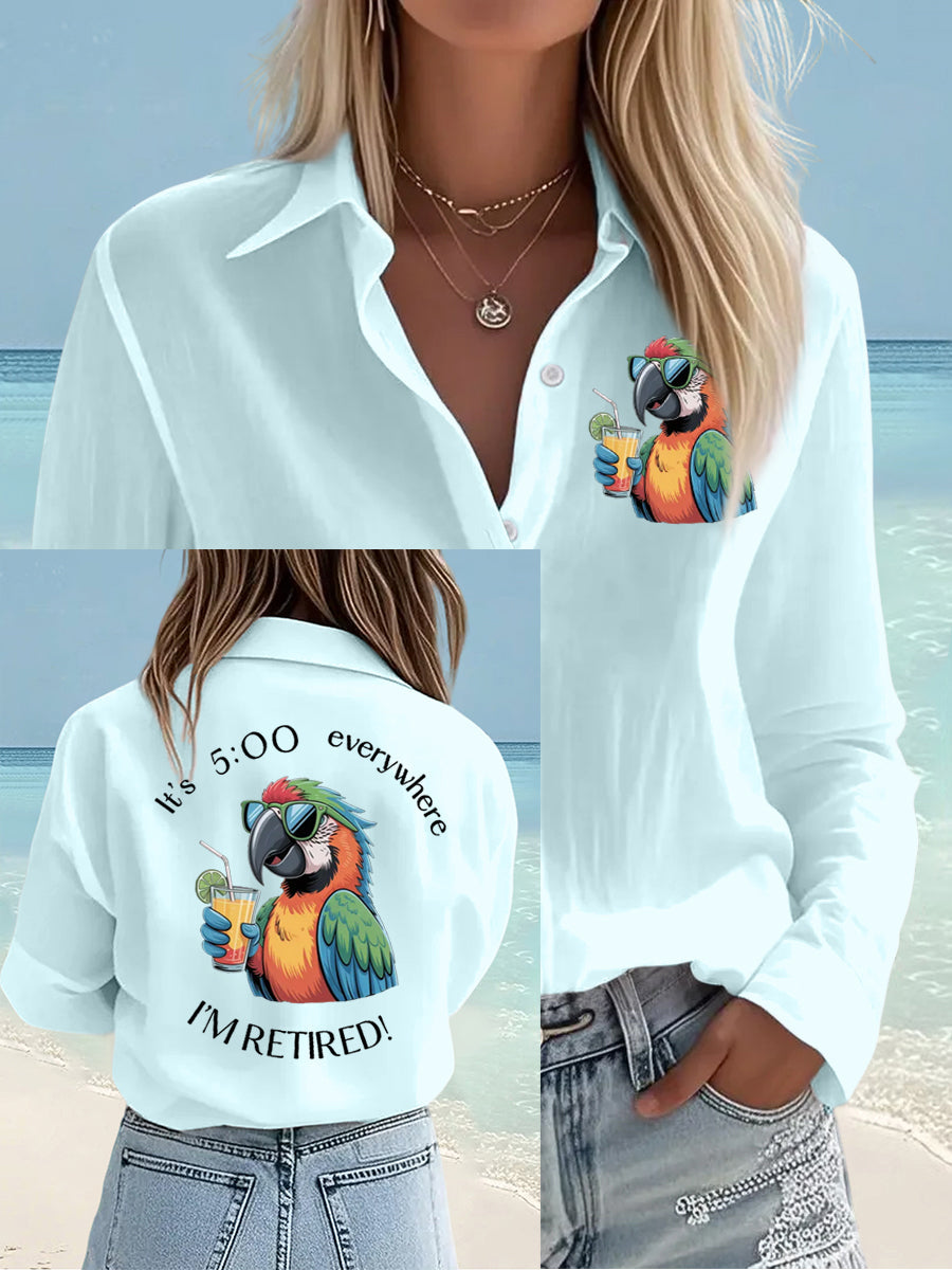 Women's I'm Retired It's 5 O'clock Everywhere Parrot Print Casual Shirt