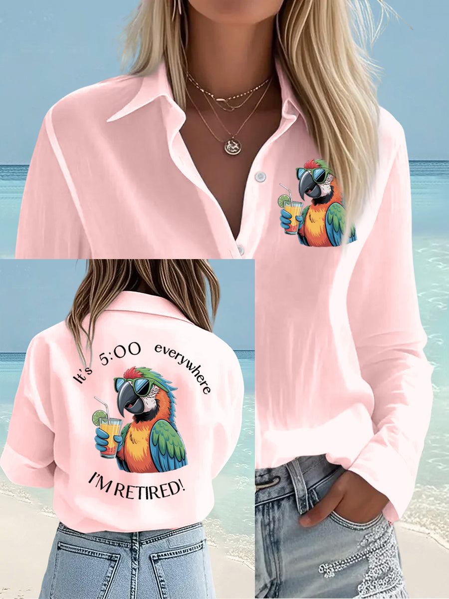 Women's I'm Retired It's 5 O'clock Everywhere Parrot Print Casual Shirt