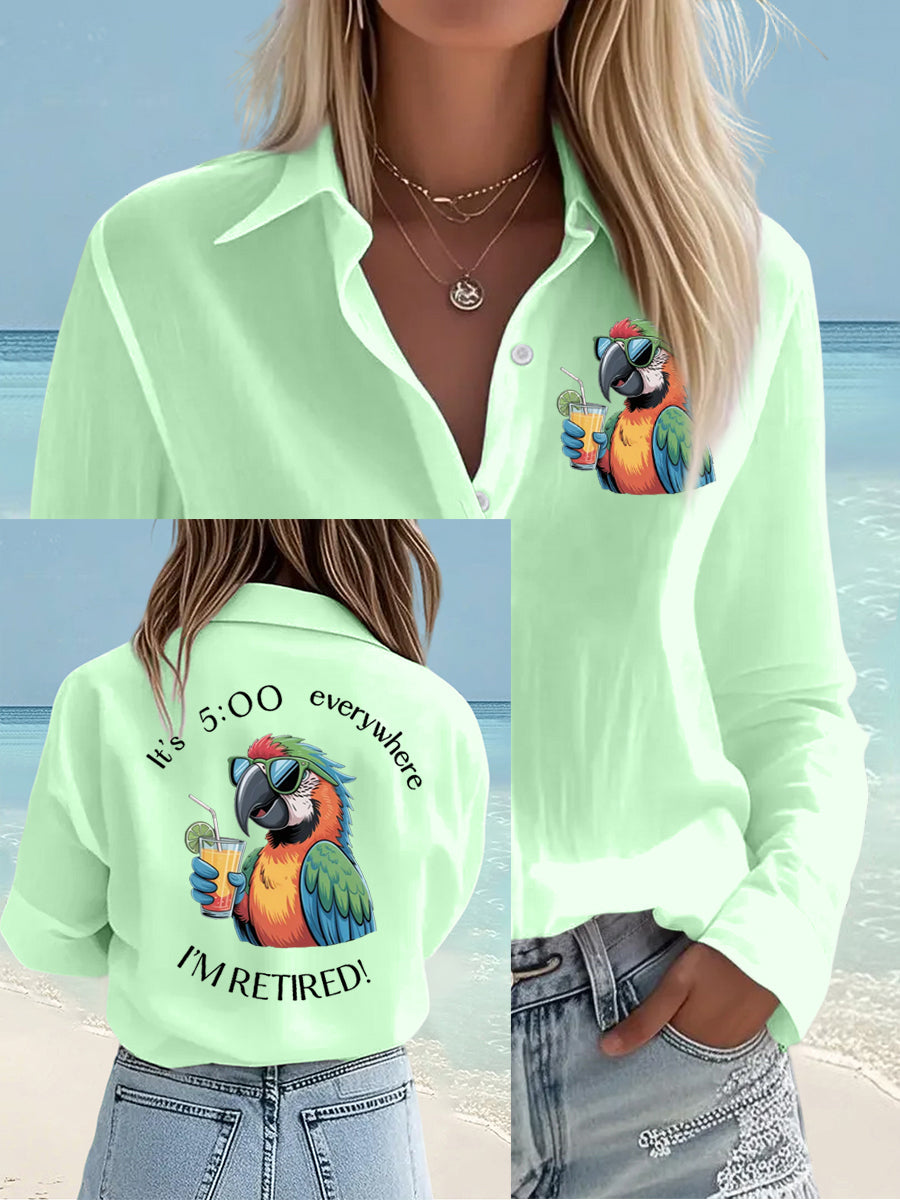 Women's I'm Retired It's 5 O'clock Everywhere Parrot Print Casual Shirt