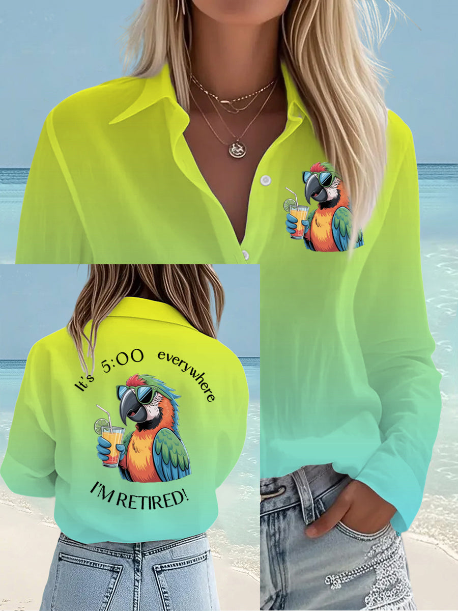 Women's I'm Retired It's 5 O'clock Everywhere Parrot Print Casual Shirt