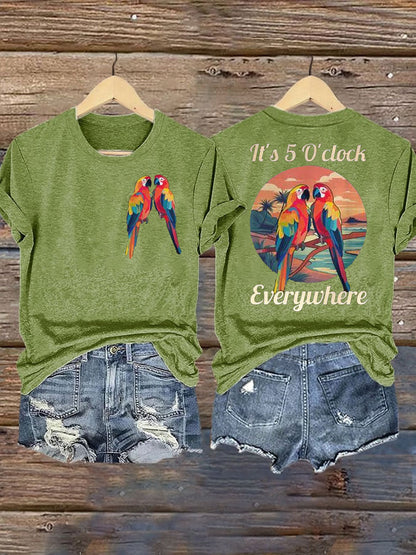 Women's It‘s 5 O'clock Everywhere Print Casual Iron On Short Sleeve T-Shirt