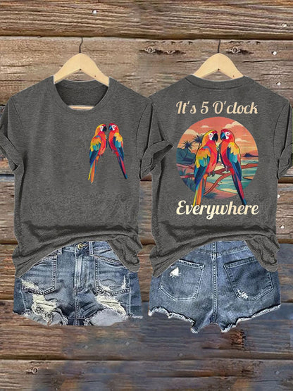 Women's It‘s 5 O'clock Everywhere Print Casual Iron On Short Sleeve T-Shirt